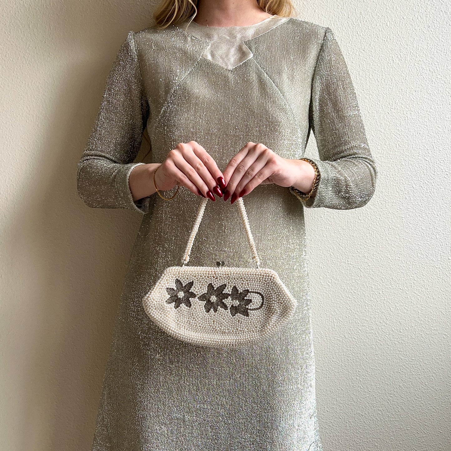 1950s Faux Pearl Handbag With Floral Details
