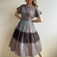 1950s Gingham Chiffon Pleated Cocktail Dress With Black Lace (M)