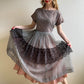 1950s Gingham Chiffon Pleated Cocktail Dress With Black Lace (M)