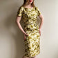 1950s Green Silk Dress With White Daisy Print (S)