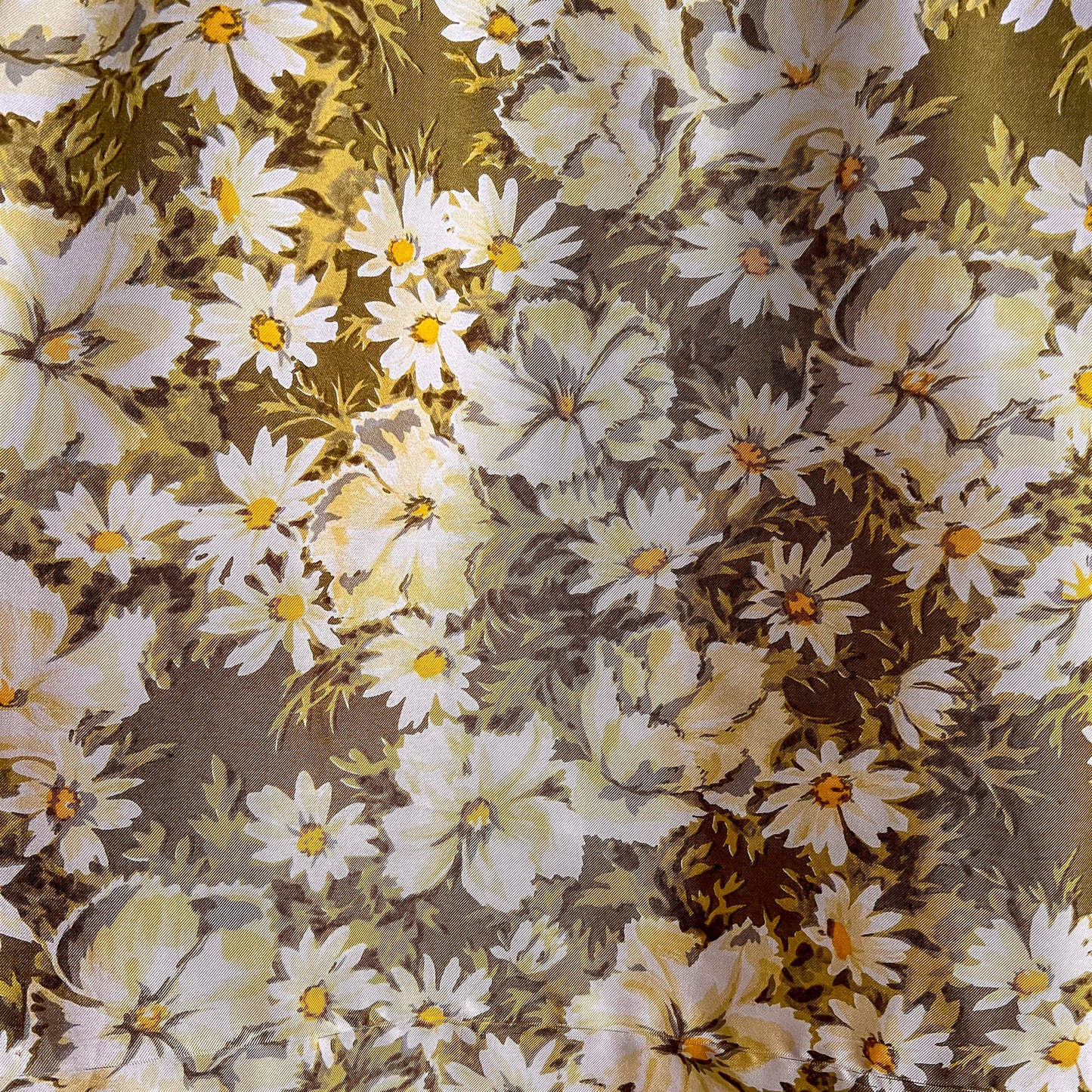 1950s Green Silk Dress With White Daisy Print (S)