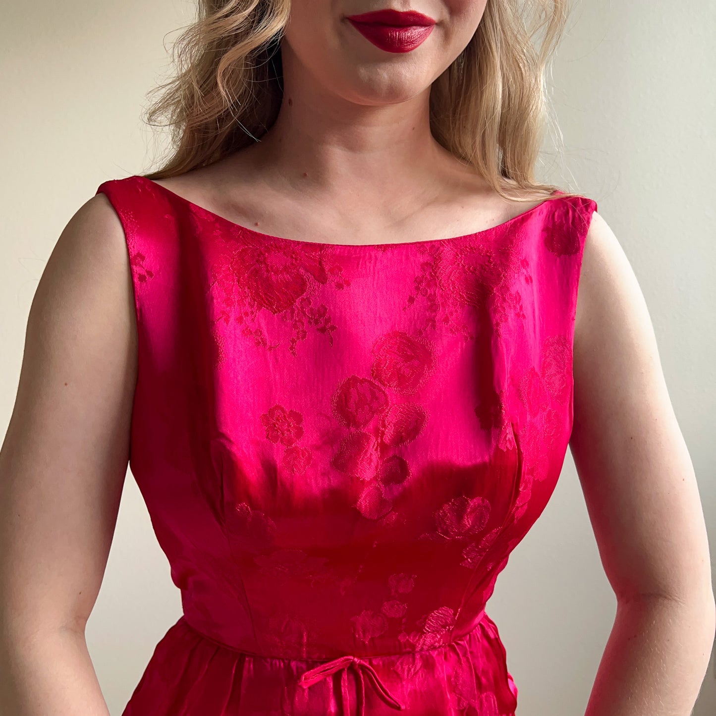 1950s Hot Pink Silk Jacquard Dress (XS/S)