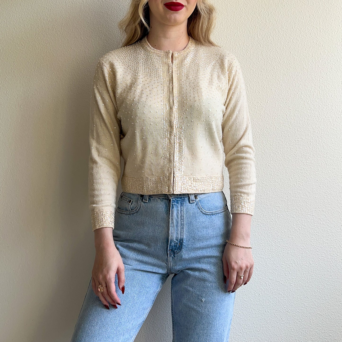 1950s Ivory Cardigan With Iridescent Sequins (S/M)