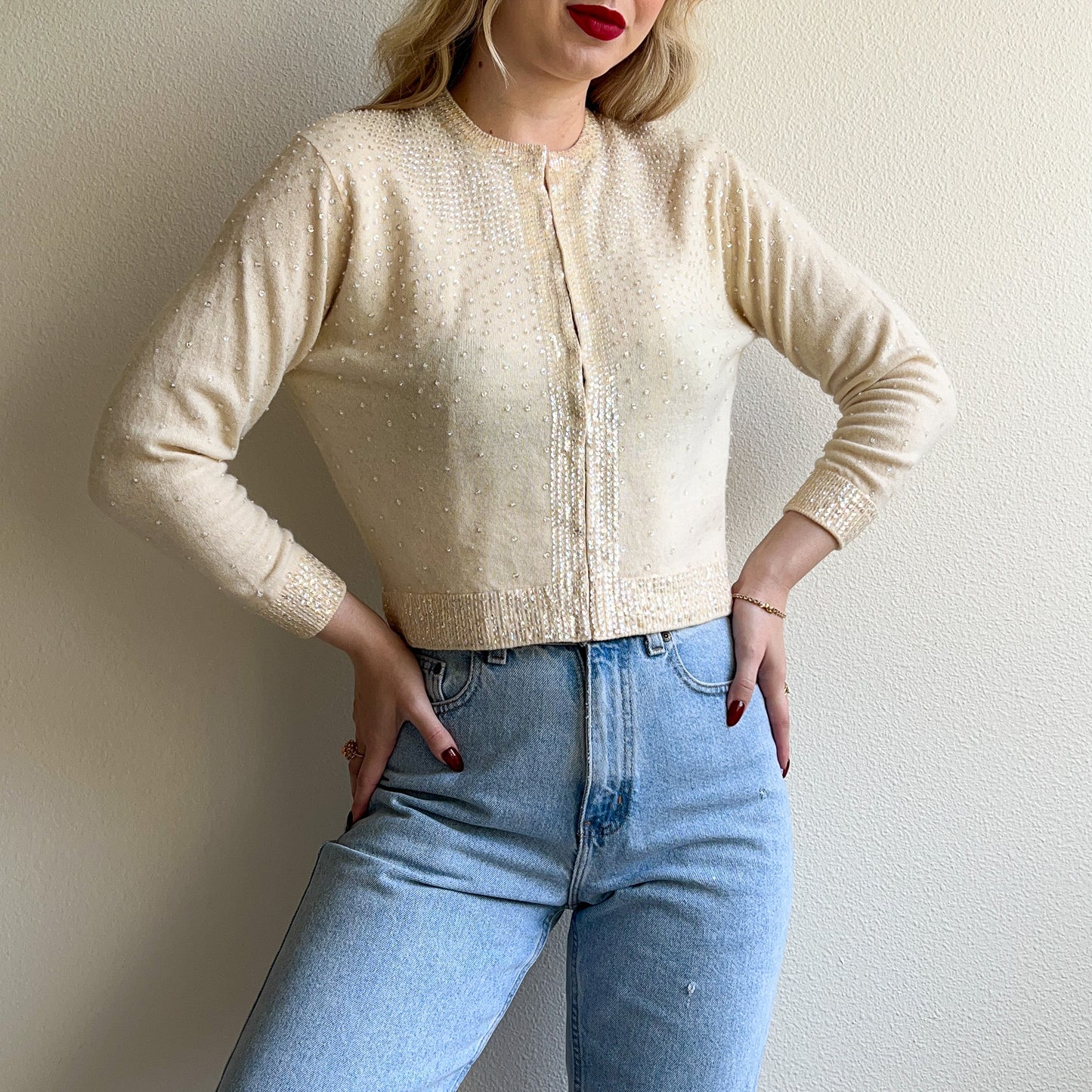 1950s Ivory Cardigan With Iridescent Sequins (S/M)