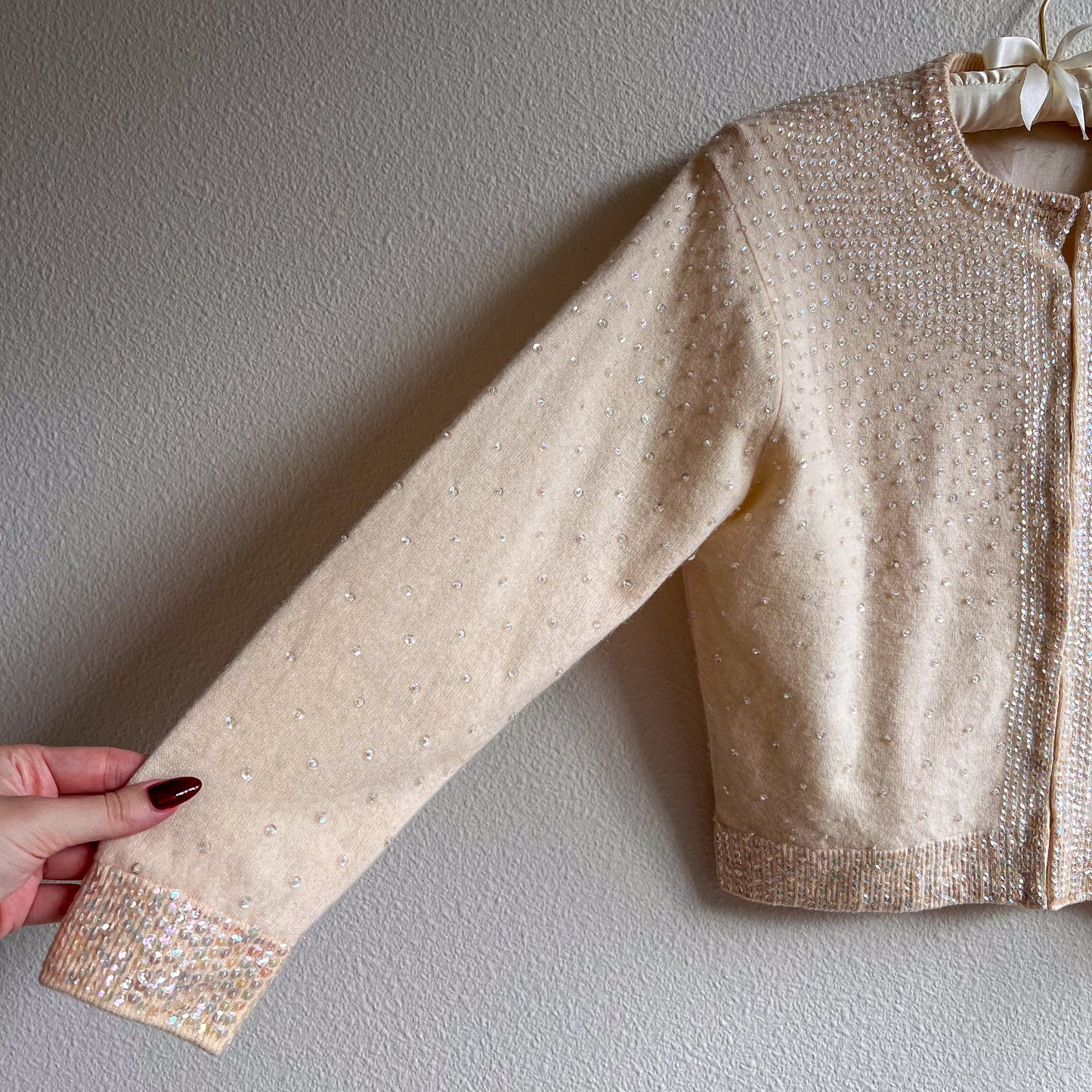 1950s Ivory Cardigan With Iridescent Sequins (S/M)