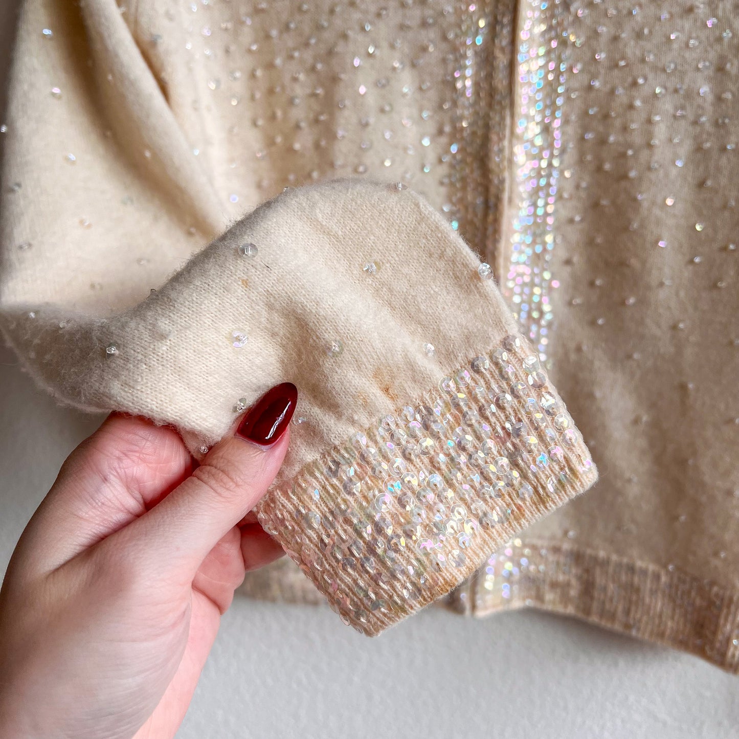 1950s Ivory Cardigan With Iridescent Sequins (S/M)