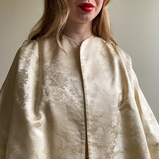 1950s Ivory Silk Jacquard Open Coat (M/L)
