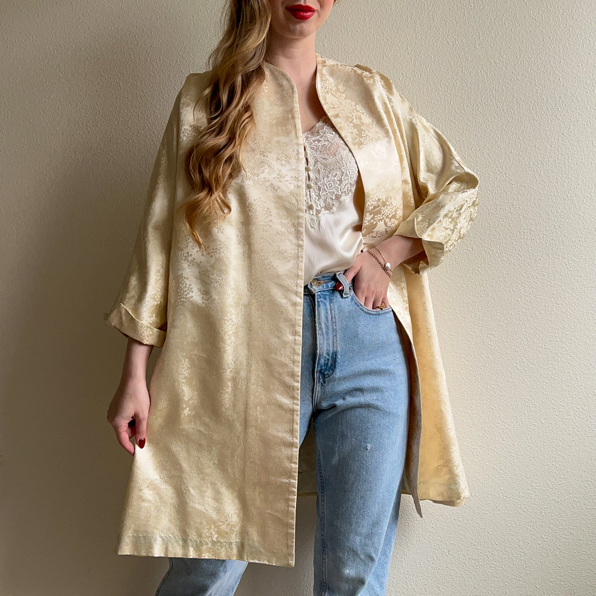 1950s Ivory Silk Jacquard Open Coat (M/L)