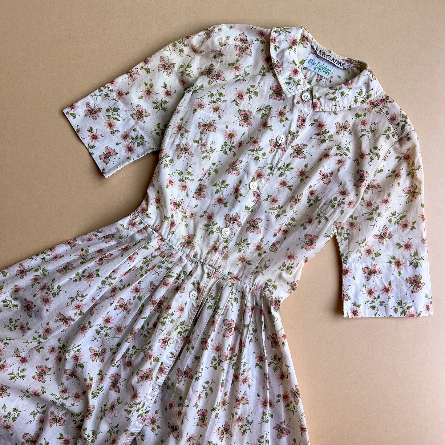 1950s Ivory Summer Dress With Pink Florals and Butterflies (XXS)