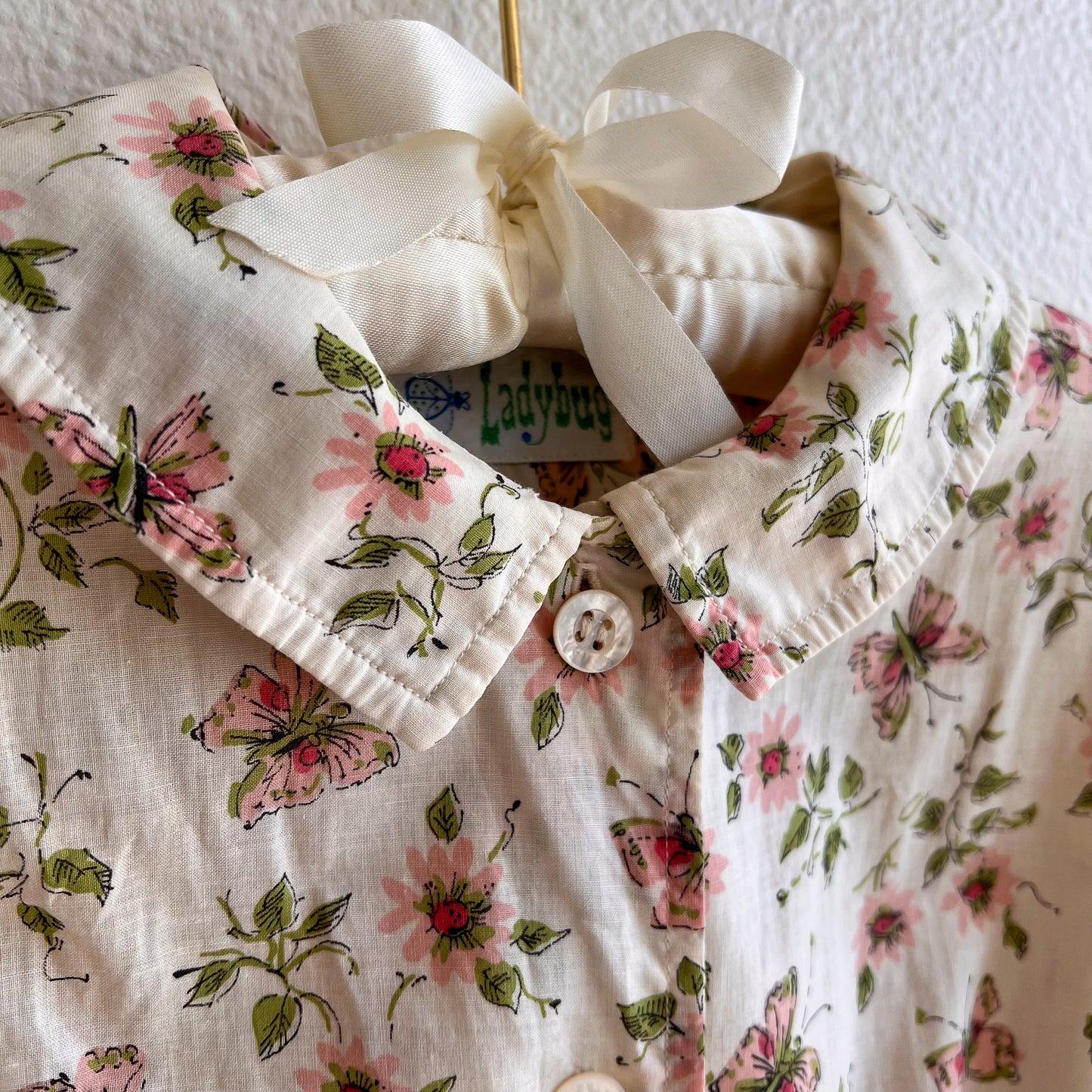 1950s Ivory Summer Dress With Pink Florals and Butterflies (XXS)