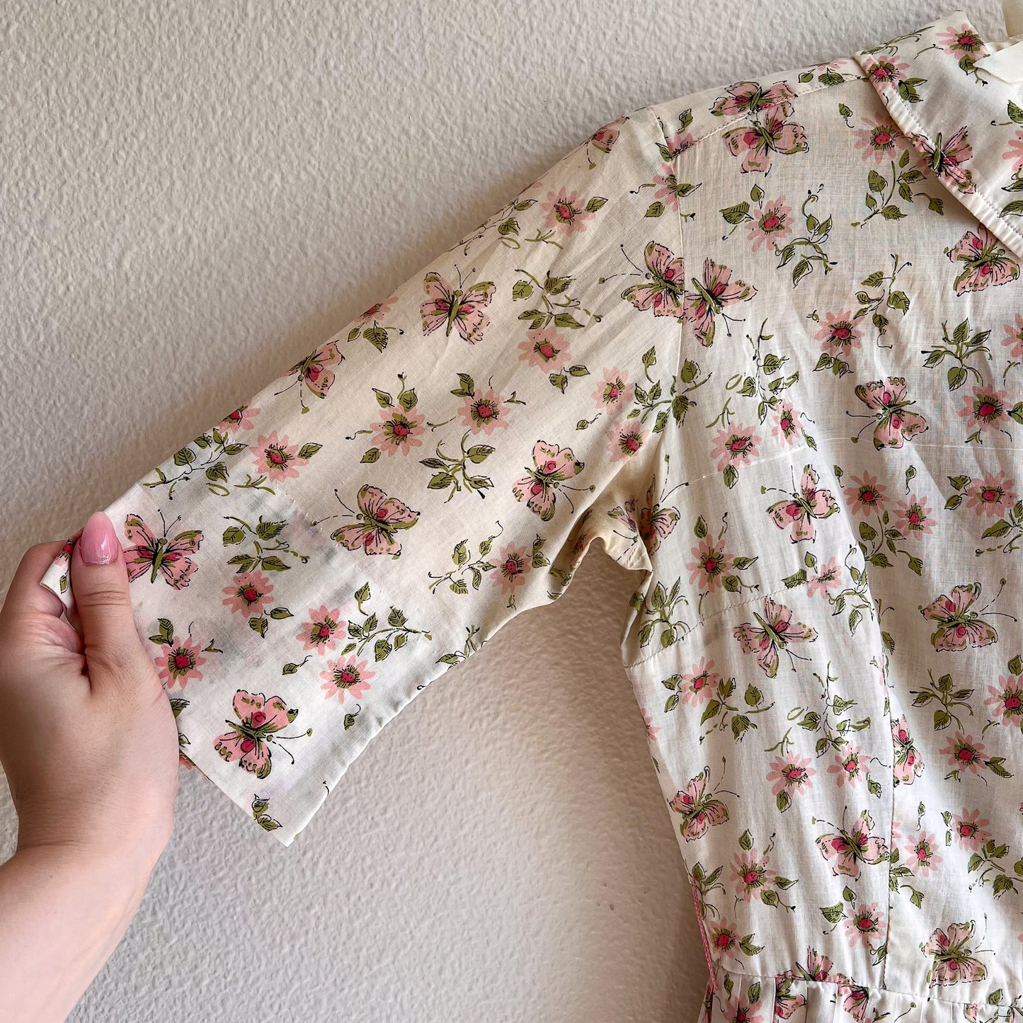 1950s Ivory Summer Dress With Pink Florals and Butterflies (XXS)