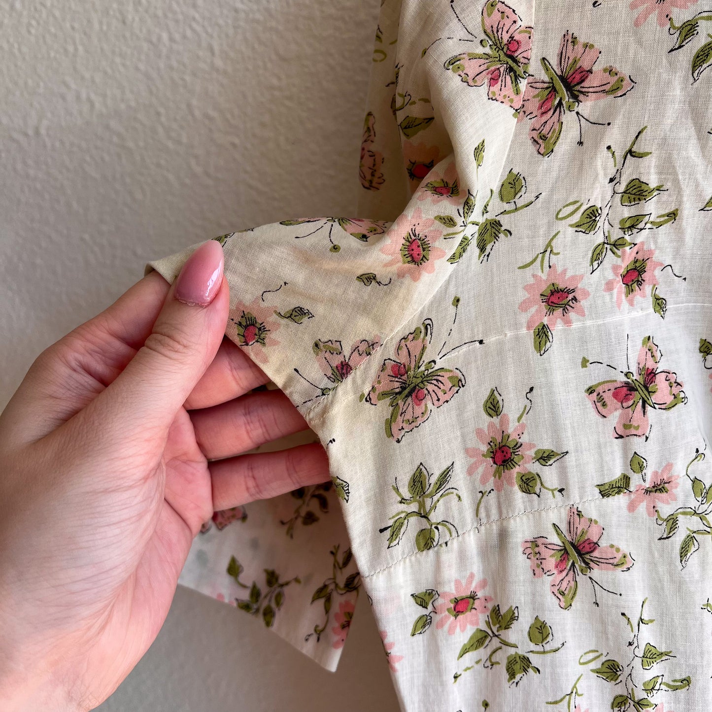 1950s Ivory Summer Dress With Pink Florals and Butterflies (XXS)