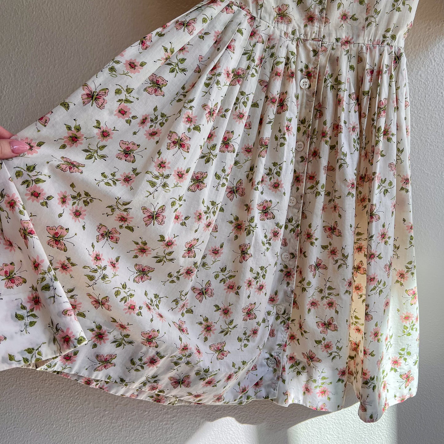 1950s Ivory Summer Dress With Pink Florals and Butterflies (XXS)