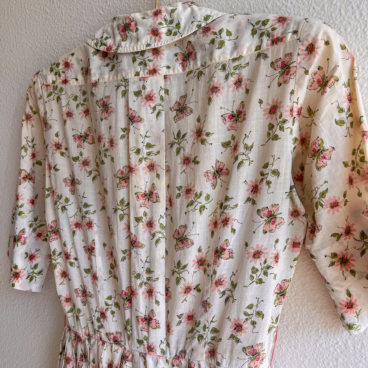 1950s Ivory Summer Dress With Pink Florals and Butterflies (XXS)