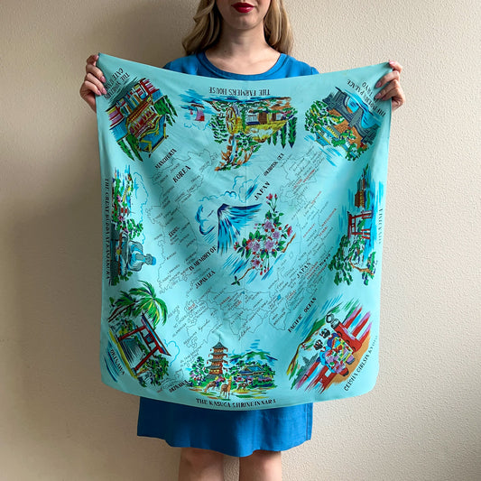 1950s Turquoise Japanese Souvenir Silk Scarf