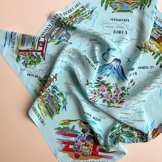1950s Turquoise Japanese Souvenir Silk Scarf