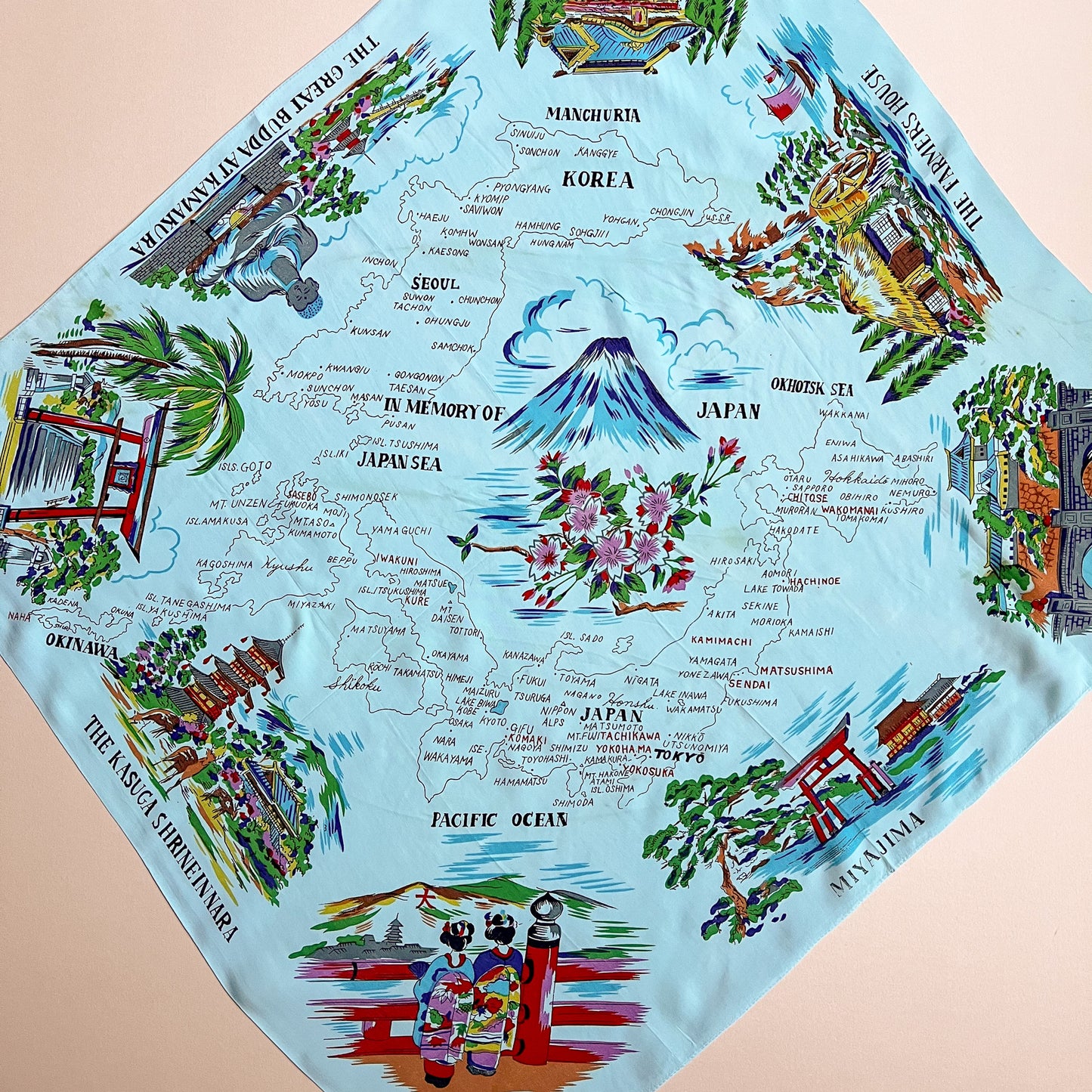 1950s Turquoise Japanese Souvenir Silk Scarf