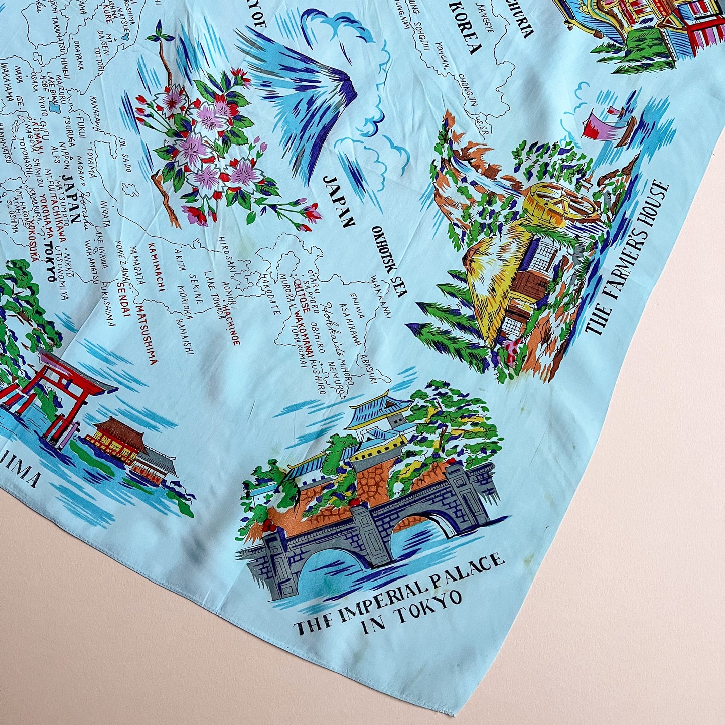 1950s Turquoise Japanese Souvenir Silk Scarf
