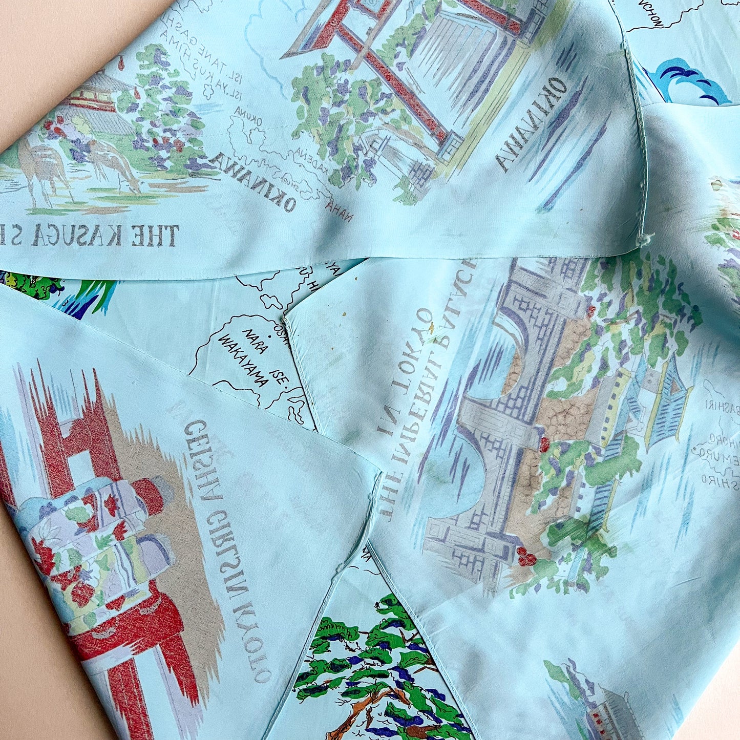 1950s Turquoise Japanese Souvenir Silk Scarf