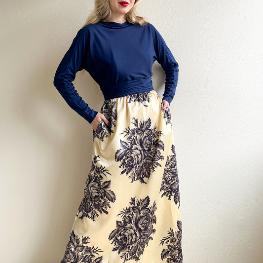 Gorgeous 1950s Navy Gown With Floral Skirt (M)