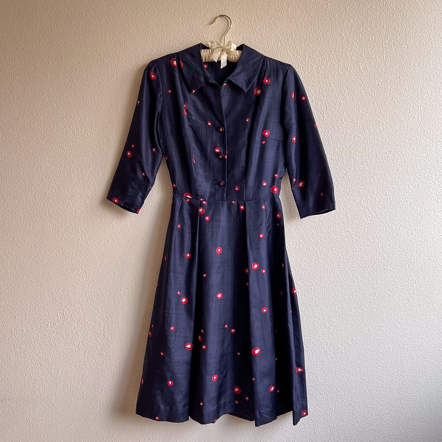 1950s Navy Silk Dress With Red Polka Dots (S)