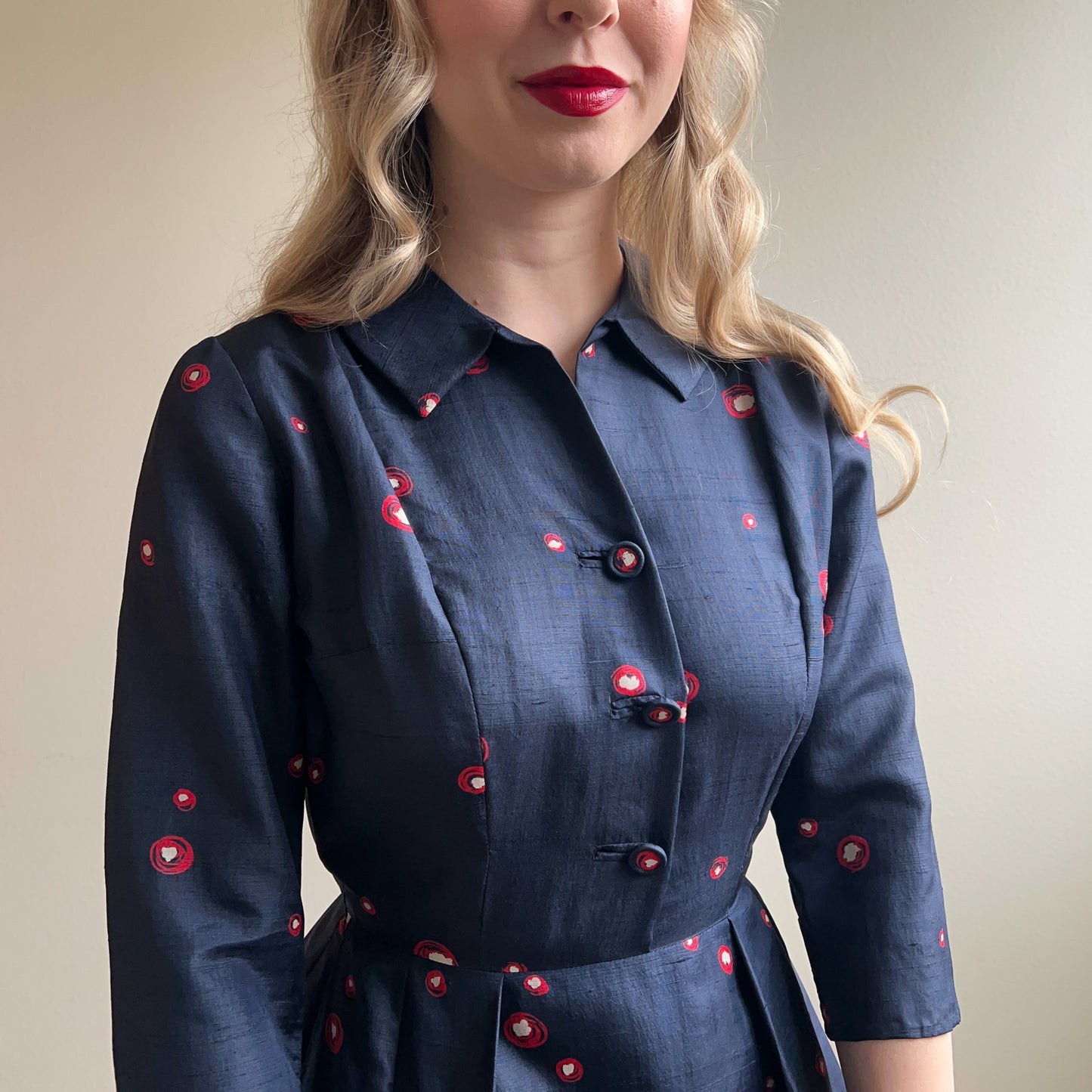 1950s Navy Silk Dress With Red Polka Dots (S)