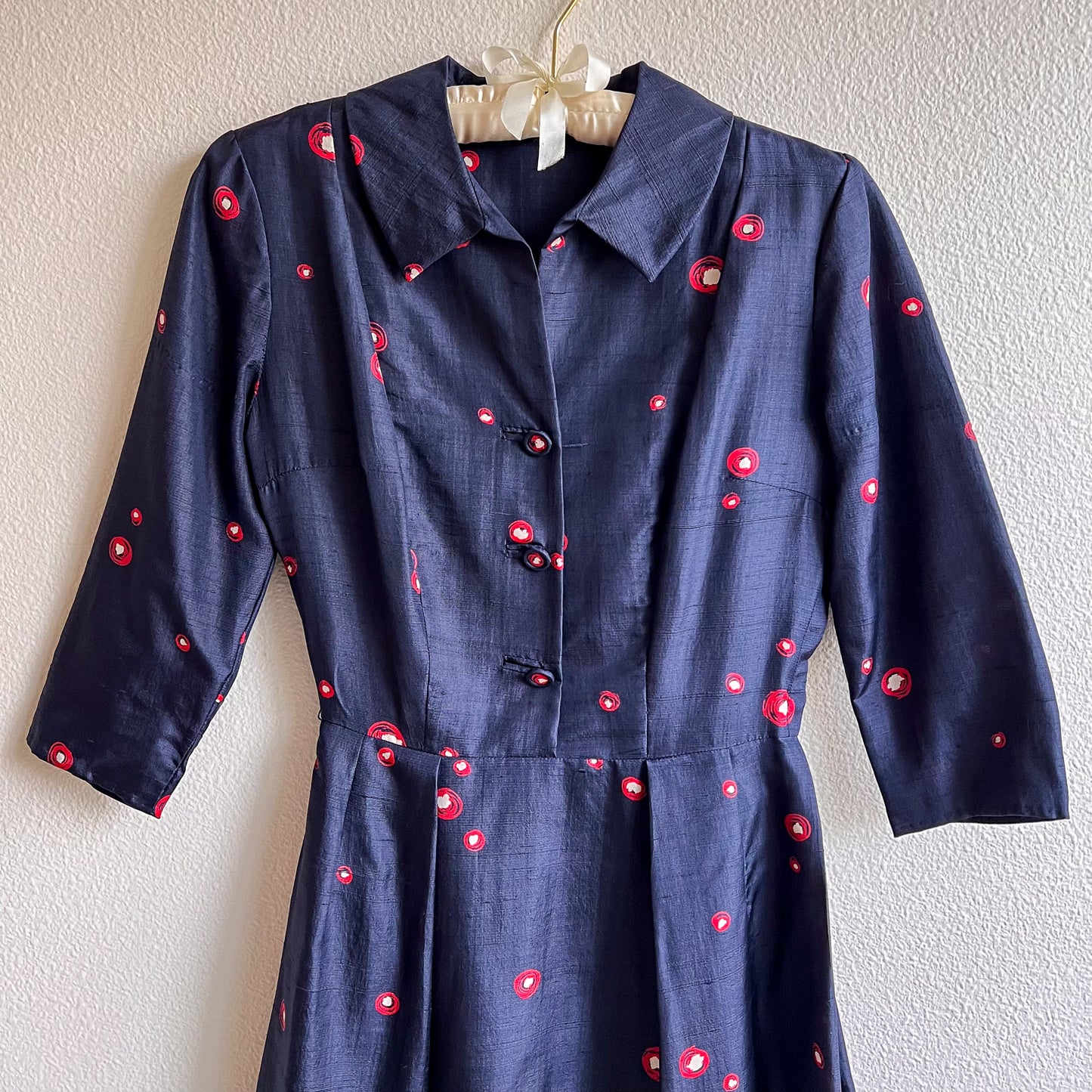 1950s Navy Silk Dress With Red Polka Dots (S)