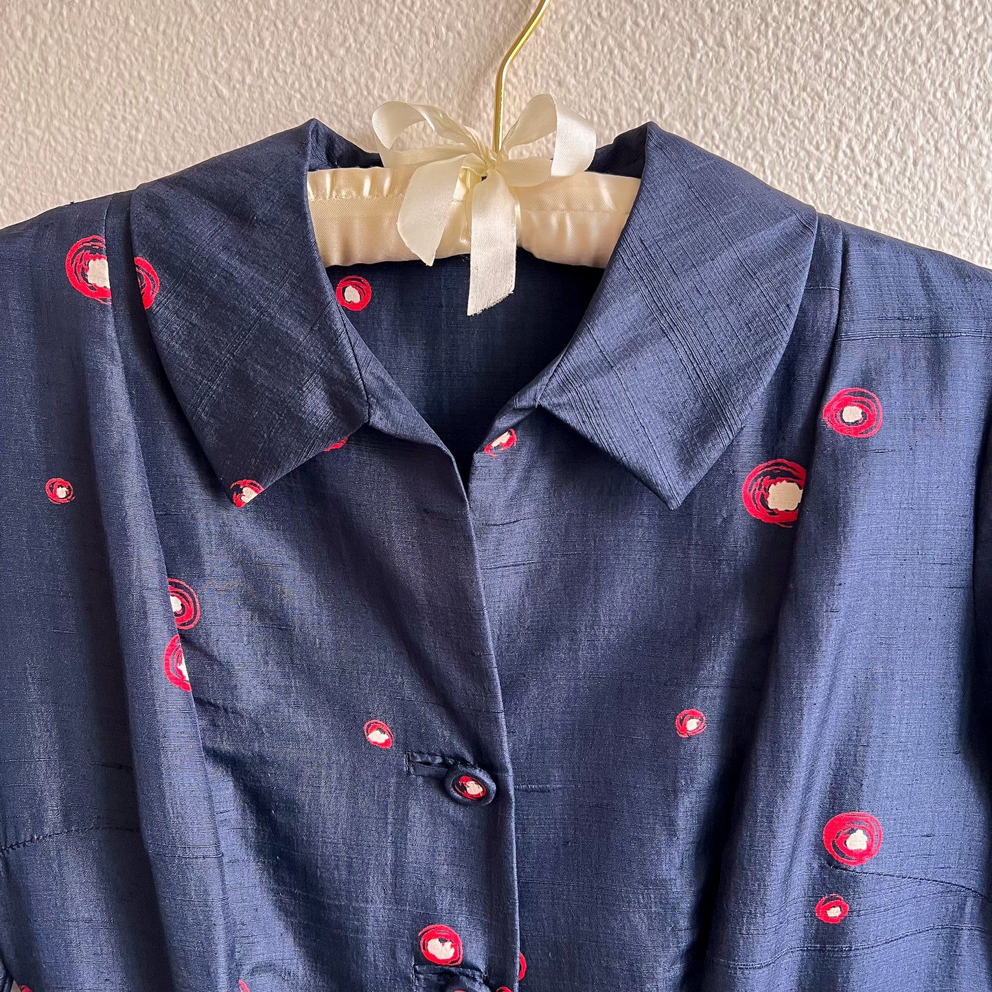 1950s Navy Silk Dress With Red Polka Dots (S)