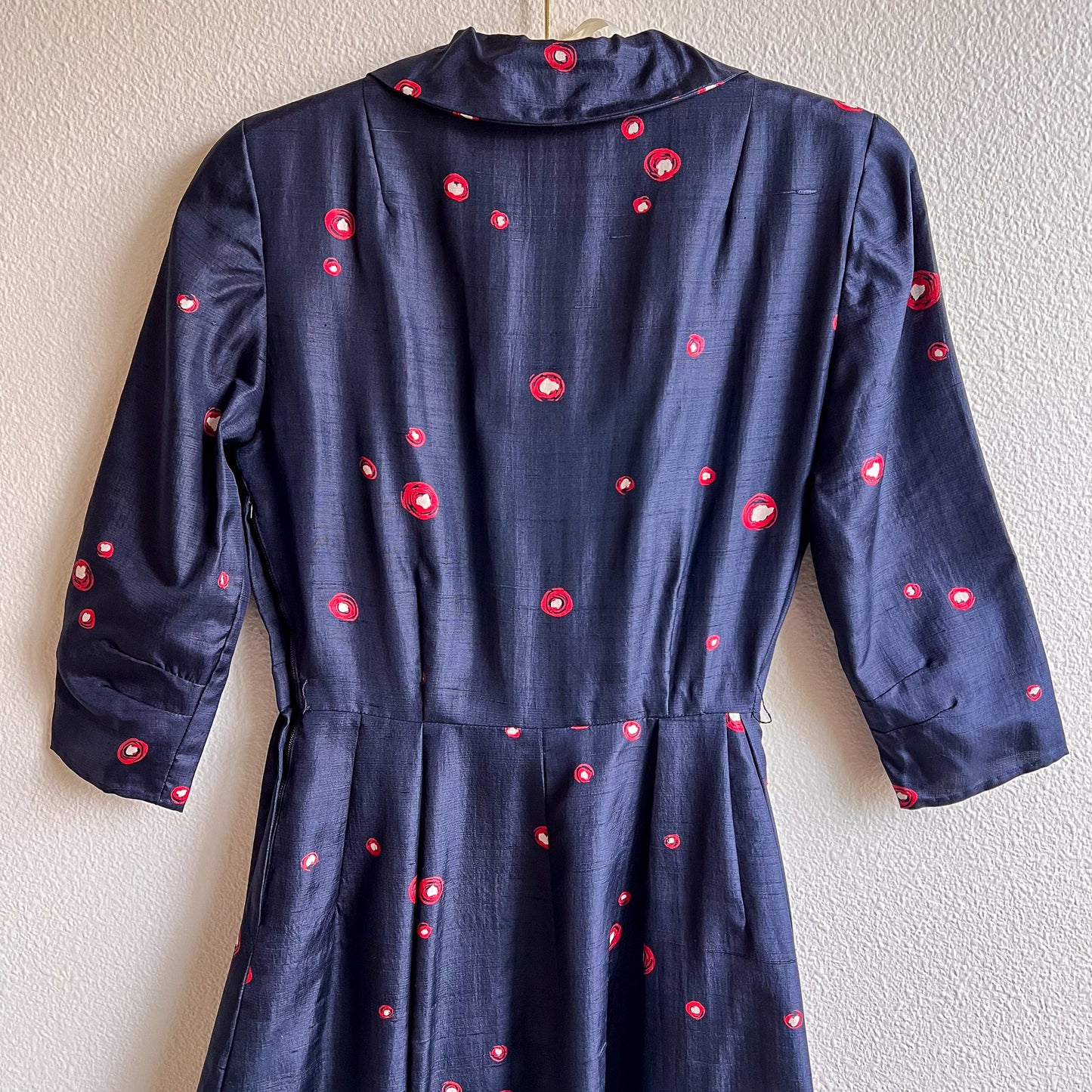 1950s Navy Silk Dress With Red Polka Dots (S)