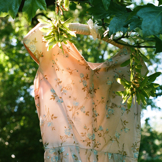 Incredible 1950s Hand Painted Floral Chiffon Party Dress (S)