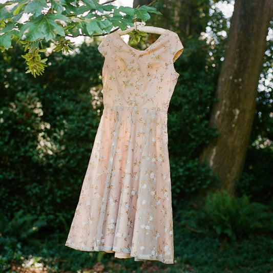 Incredible 1950s Hand Painted Floral Chiffon Party Dress (S)