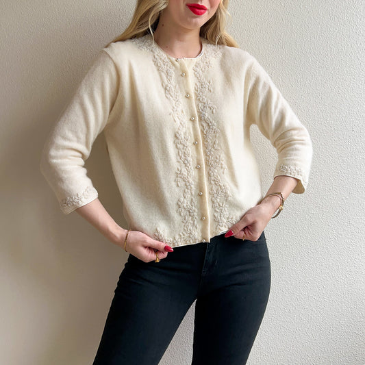 1950s Pearl White Beaded Cardigan With Buttons (M/L)