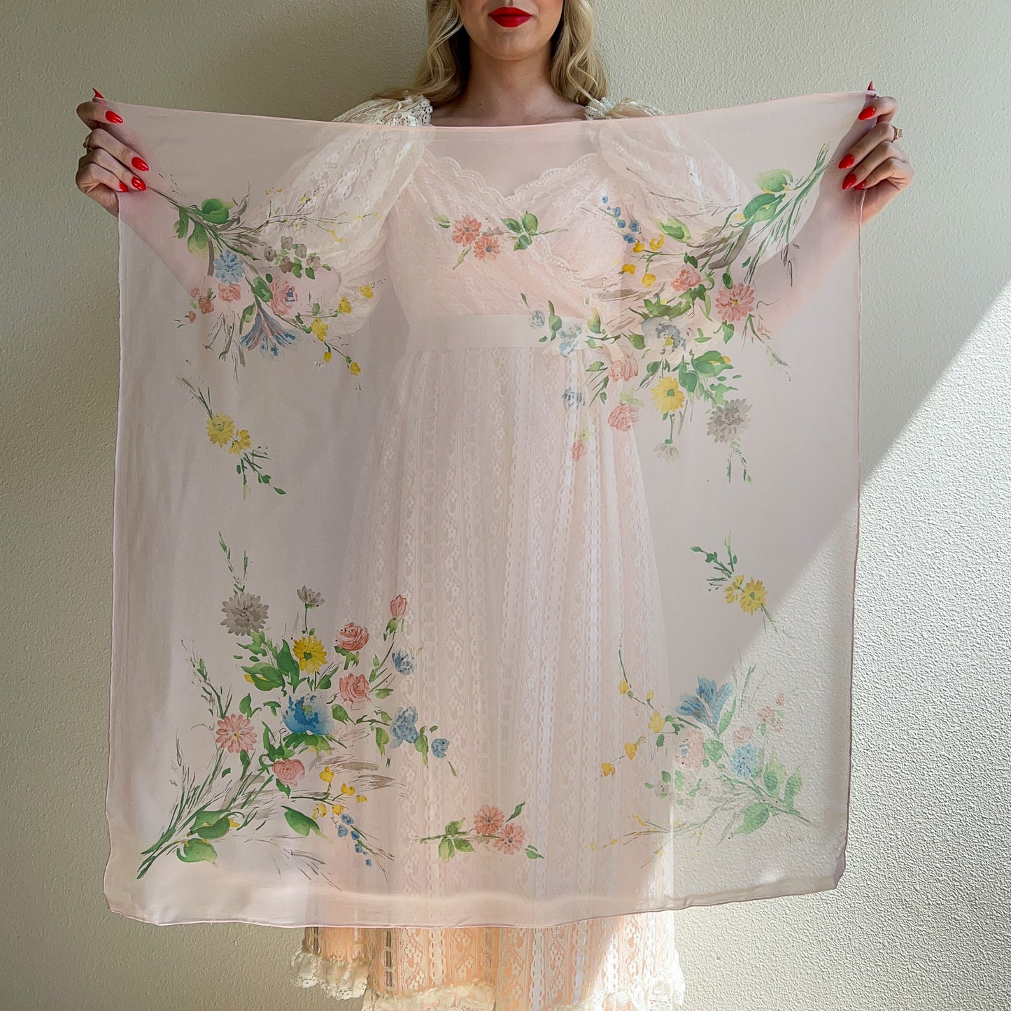 1950s Pink Chiffon Scarf With Floral Print