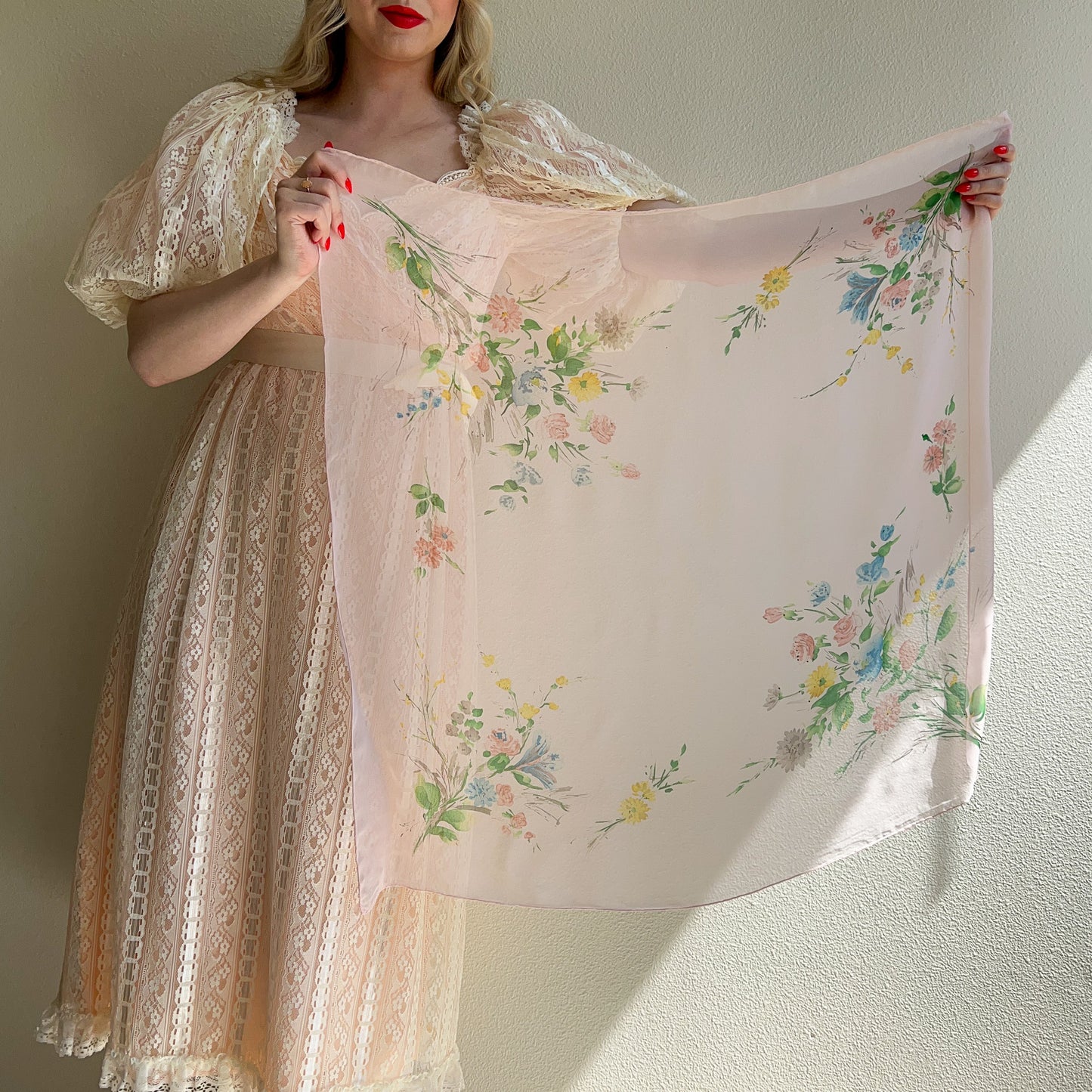 1950s Pink Chiffon Scarf With Floral Print