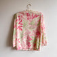 1950s Pink and Green Leaves Pattern Cardigan (S/M)