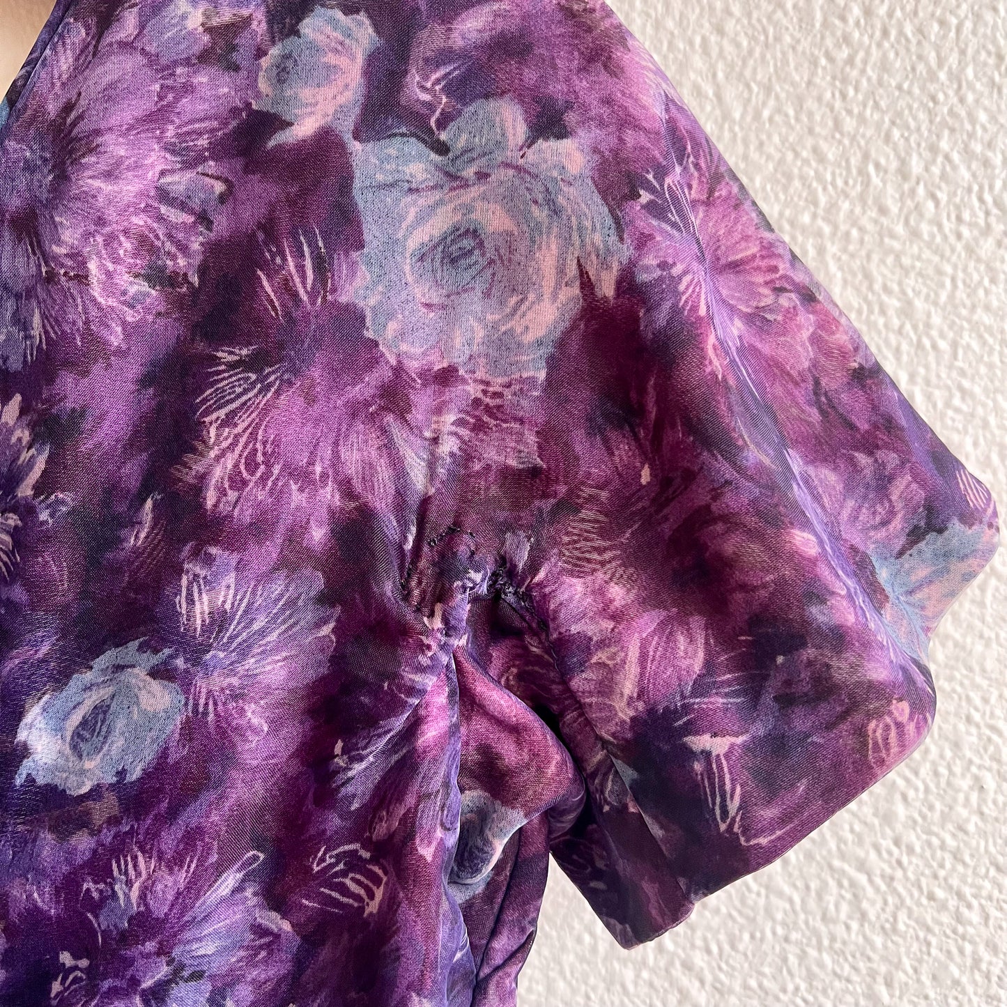 1950s Deep Purple Floral Chiffon Party Dress (M)