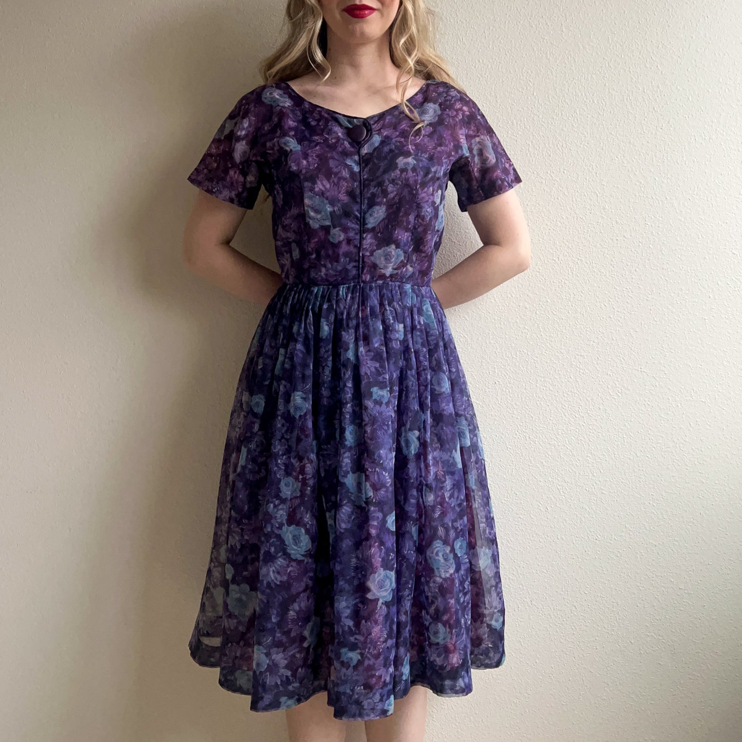 1950s Deep Purple Floral Chiffon Party Dress (M)