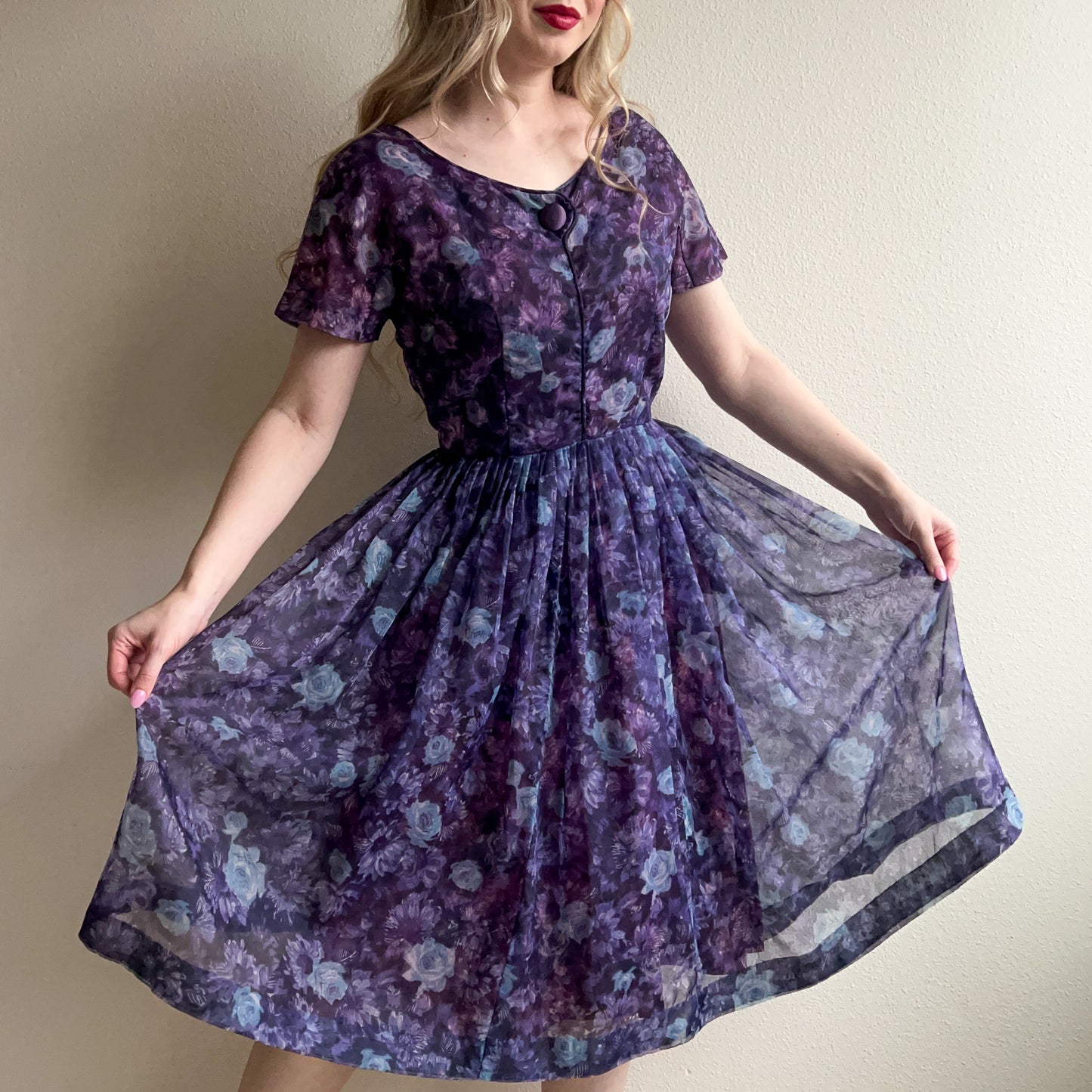1950s Deep Purple Floral Chiffon Party Dress (M)