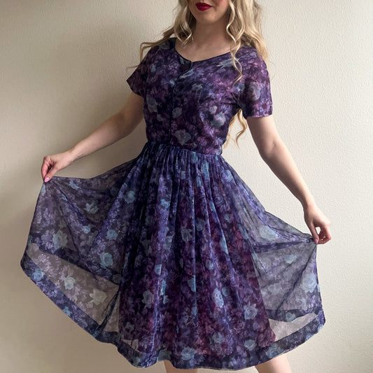 1950s Deep Purple Floral Chiffon Party Dress (M)