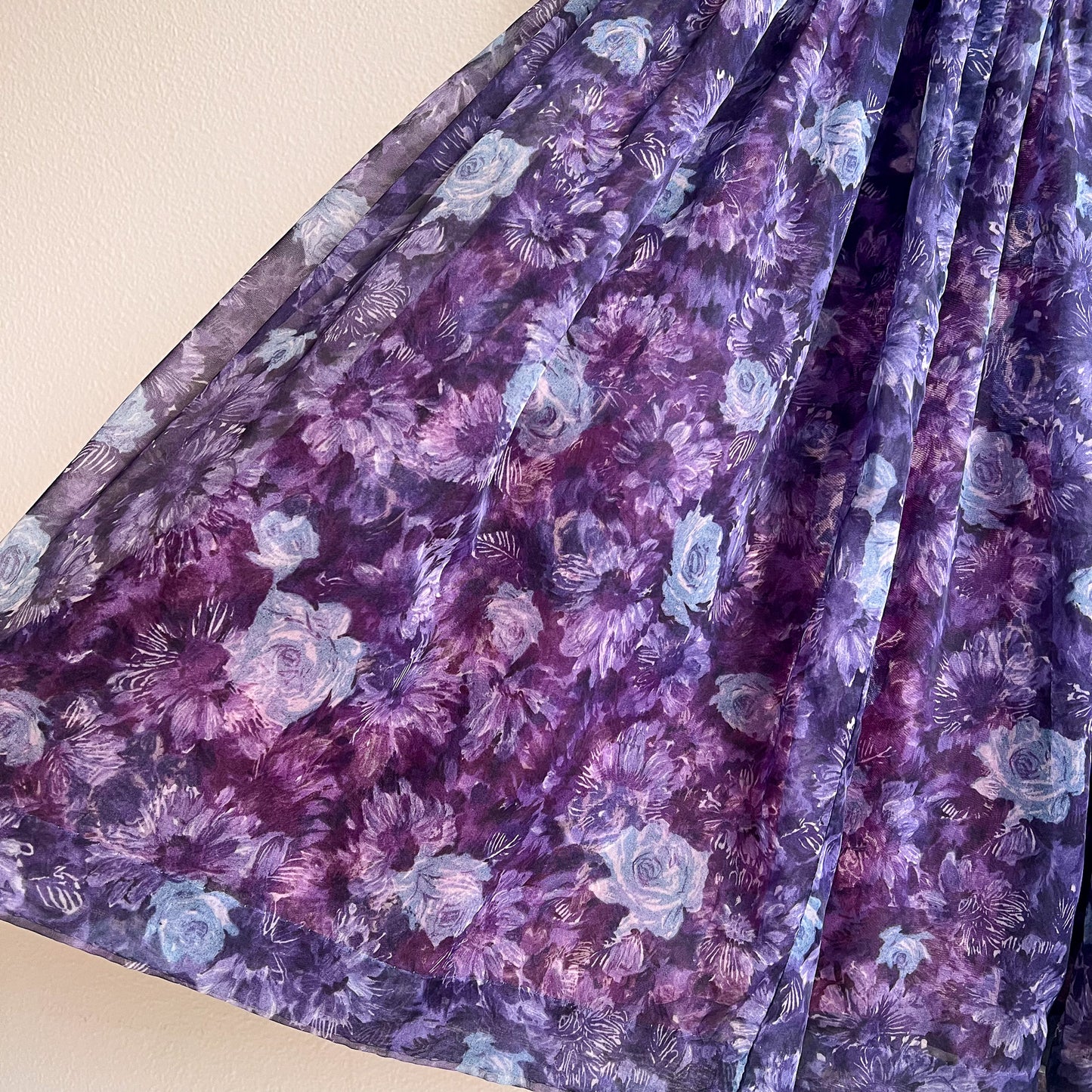 1950s Deep Purple Floral Chiffon Party Dress (M)