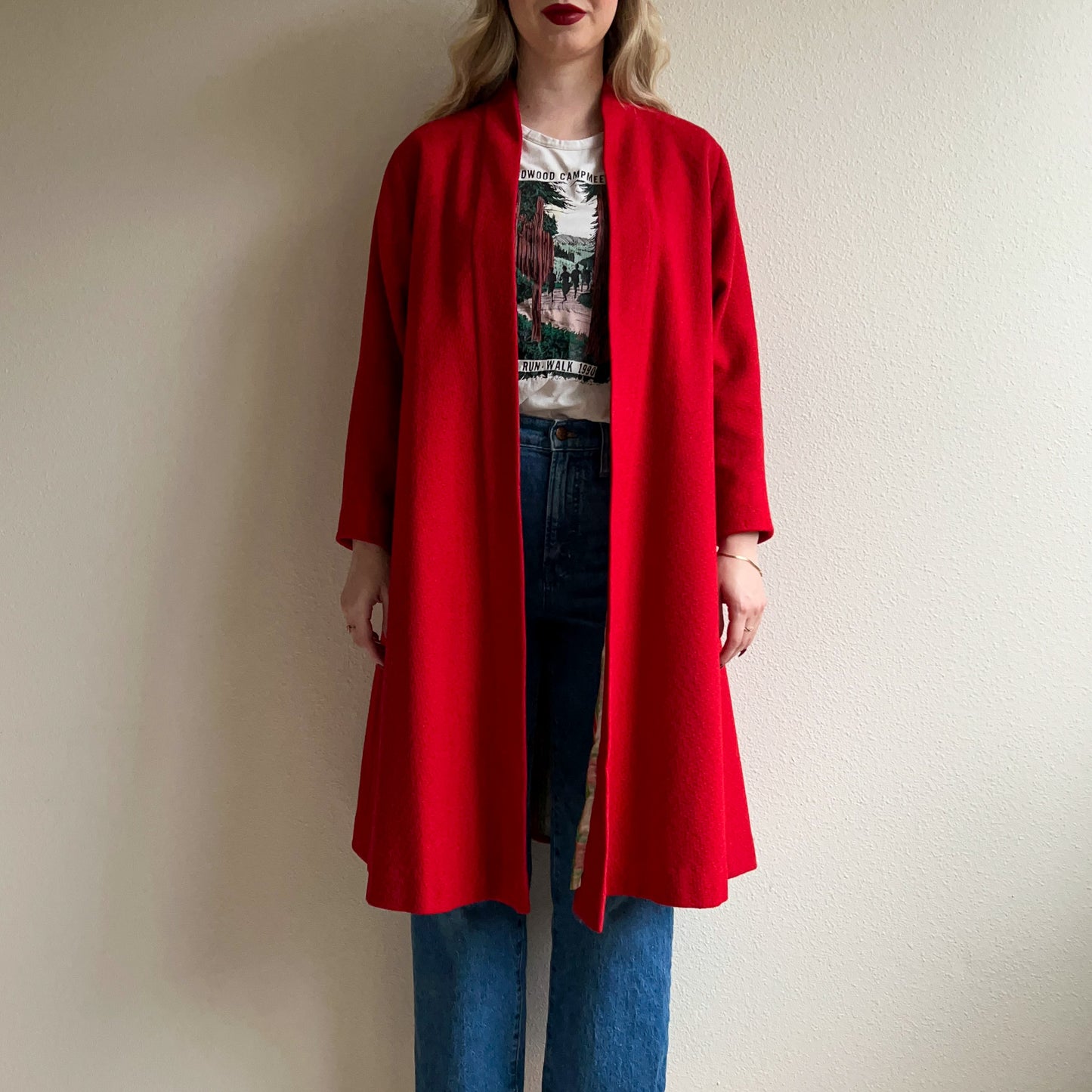 1950s Red Tweed Coat With Plaid Lining (S/M)