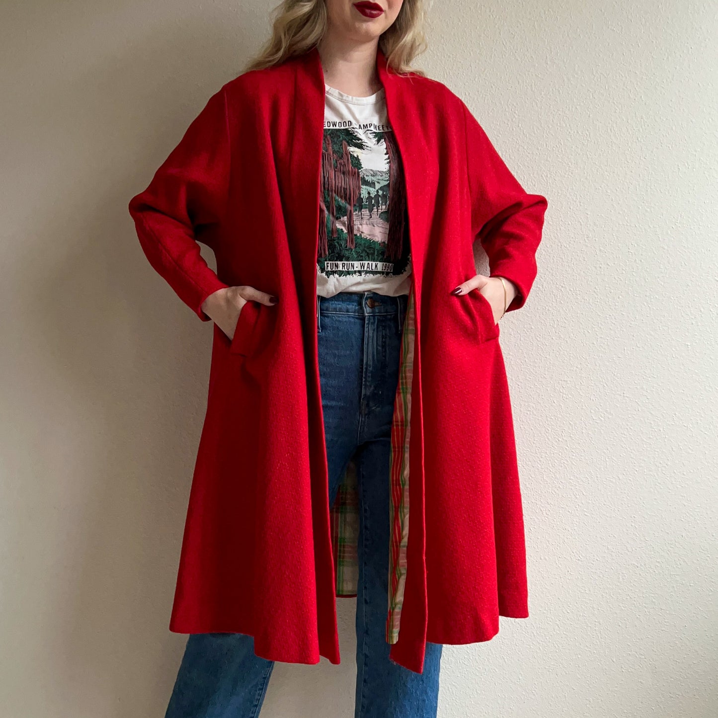 1950s Red Tweed Coat With Plaid Lining (S/M)