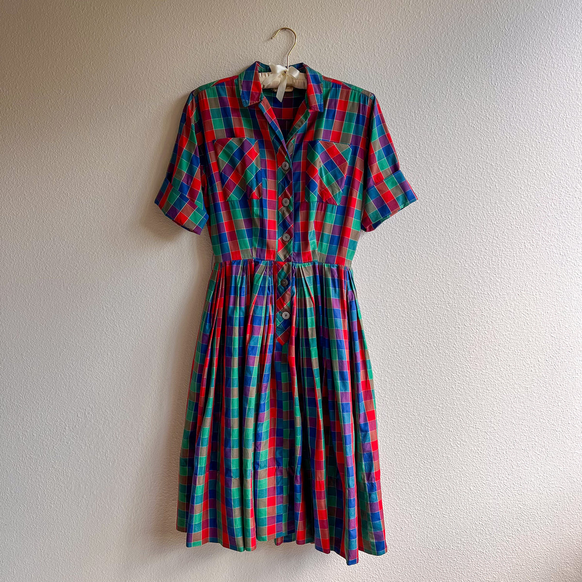 Gorgeous 1950s Red, Green, and Blue Plaid Silk Dress (S)