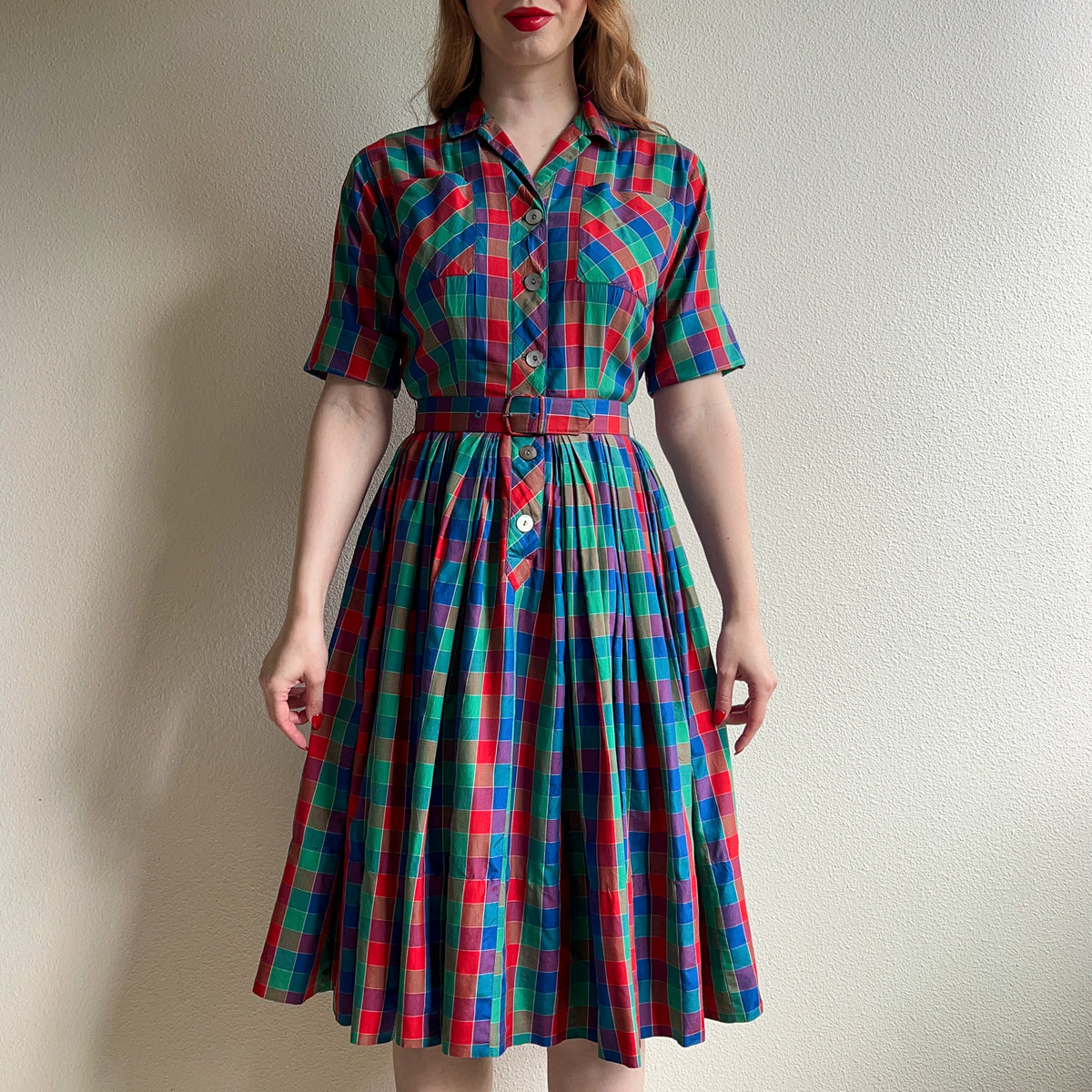 Gorgeous 1950s Red, Green, and Blue Plaid Silk Dress (S)