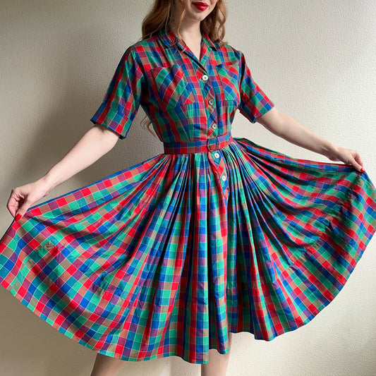 Gorgeous 1950s Red, Green, and Blue Plaid Silk Dress (S)
