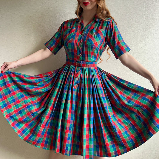 Gorgeous 1950s Red, Green, and Blue Plaid Silk Dress (S)