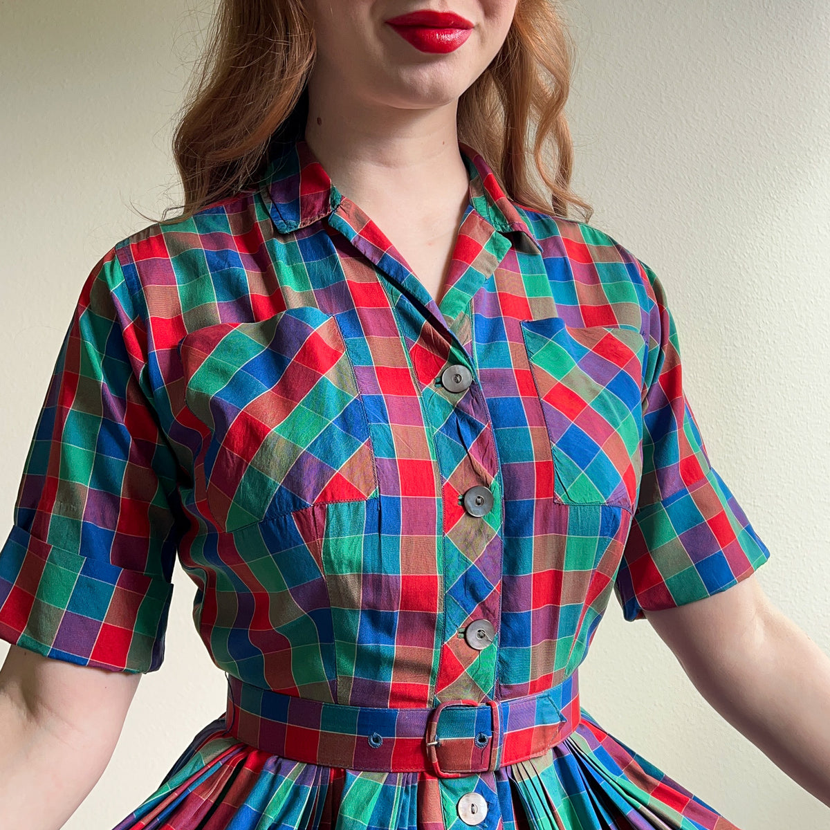 Gorgeous 1950s Red, Green, and Blue Plaid Silk Dress (S)