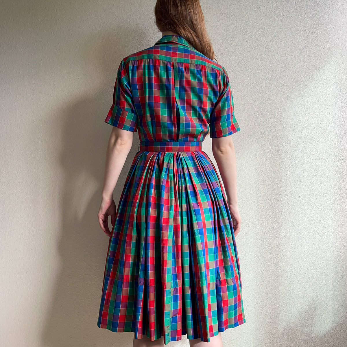 Gorgeous 1950s Red, Green, and Blue Plaid Silk Dress (S)