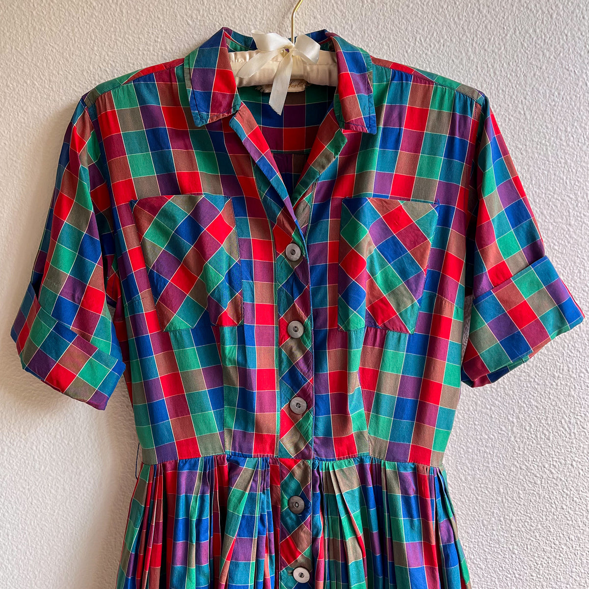 Gorgeous 1950s Red, Green, and Blue Plaid Silk Dress (S)