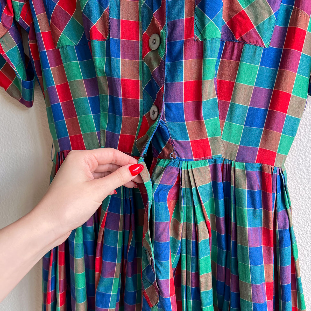 Gorgeous 1950s Red, Green, and Blue Plaid Silk Dress (S)